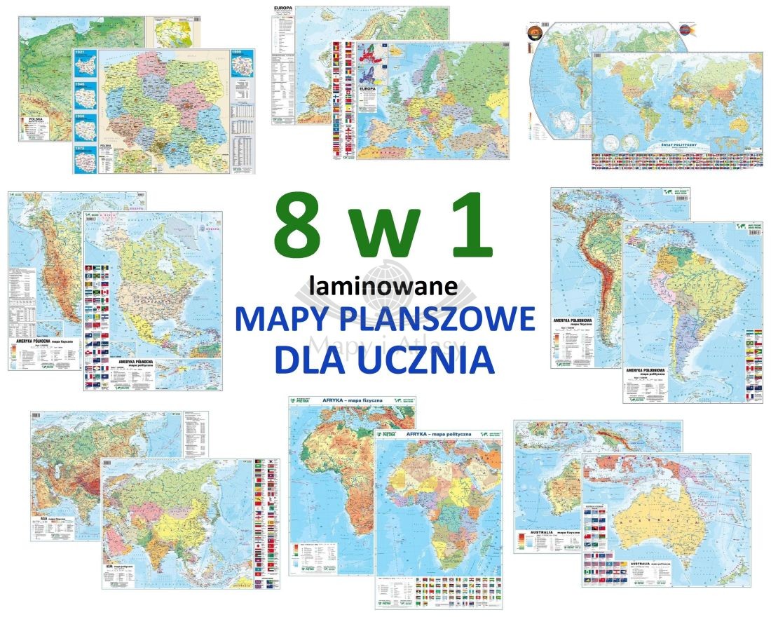 Polska, świat, kontynenty. Mapa podręczna planszowa laminowana. Zestaw 8 map dla ucznia