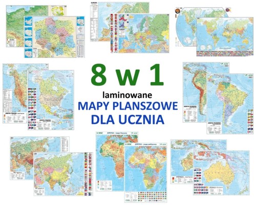 Polska, świat, kontynenty. Laminowana mapa podręczna planszowa. Zestaw 8 map dla ucznia