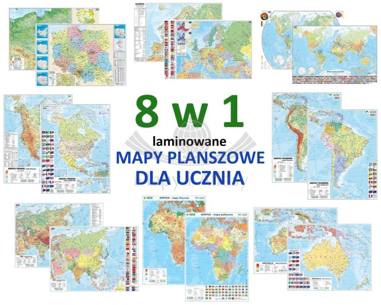 Polska, świat, kontynenty. Laminowana mapa podręczna planszowa. Zestaw 8 map dla ucznia