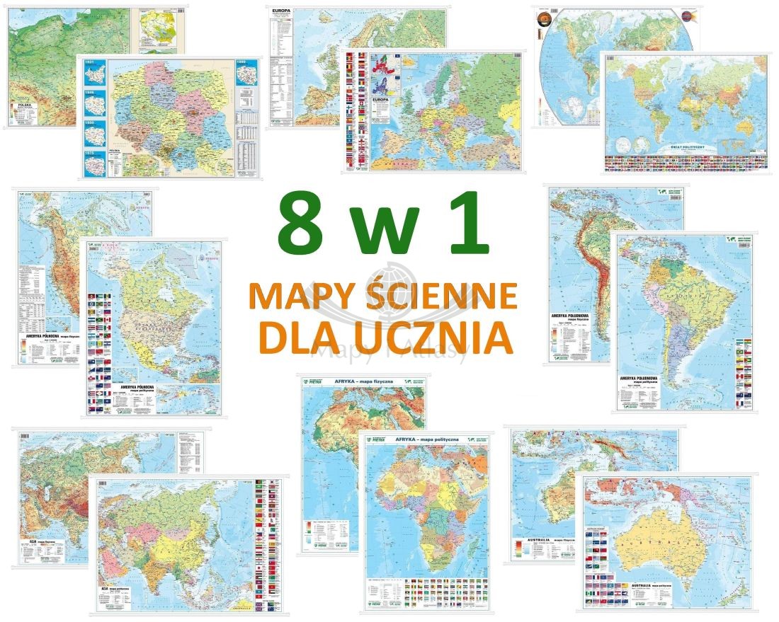 Polska, świat, kontynenty. Mapa ścienna dwustronna MIDI. Zestaw 8 map dla ucznia