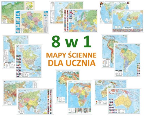 Polska, świat, kontynenty. Mapa ścienna. Zestaw 8 map dla ucznia