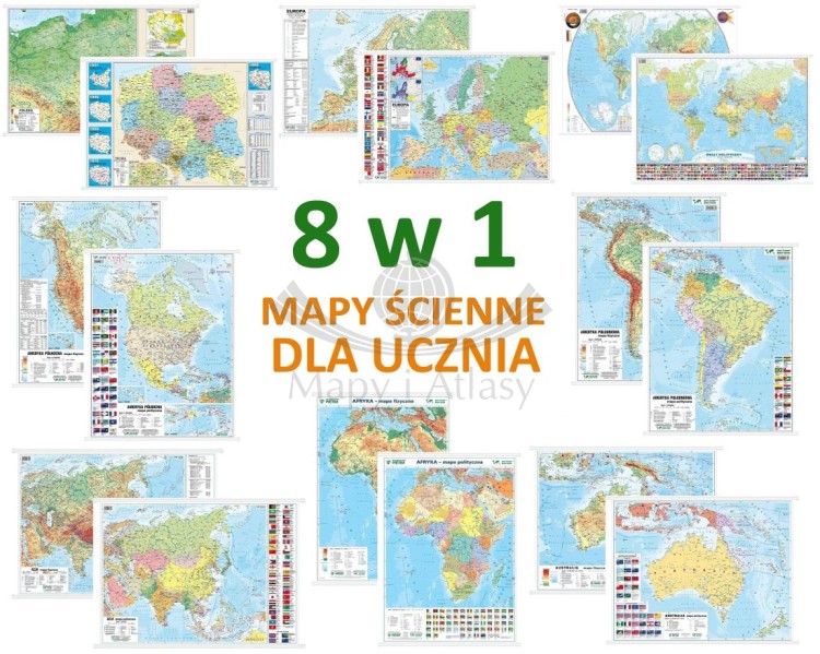 Polska, świat, kontynenty. Mapa ścienna. Zestaw 8 map dla ucznia