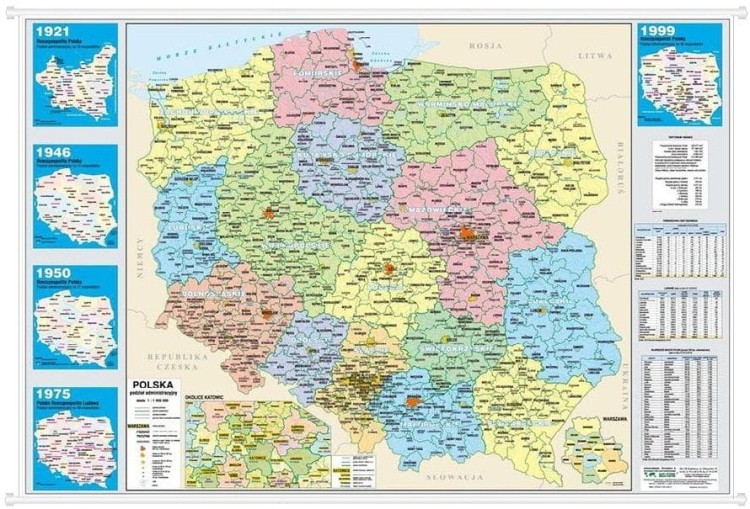 Polska. Dwustronna mapa ścienna MIDI. Fizyczna/administracyjna. Strona administracyjna