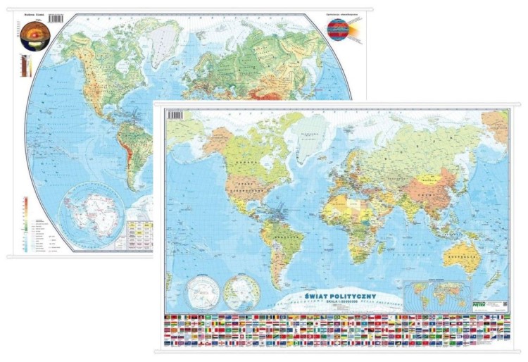 Świat. Dwustronna mapa ścienna MIDI. Fizyczna/polityczna