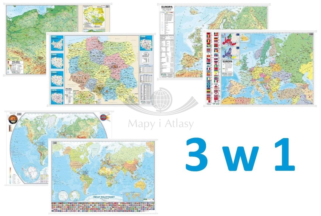 Polska, Europa, świat. Zestaw: 3 x dwustronna mapa ścienna MIDI. Polityczna / fizyczna