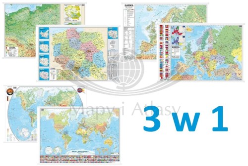 Polska, Europa, Świat. Zestaw: 3 x dwustronna mapa ścienna MIDI. Polityczna / Fizyczna