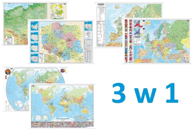 Polska, Europa, Świat. Zestaw: 3 x dwustronna mapa ścienna MIDI. Polityczna / Fizyczna