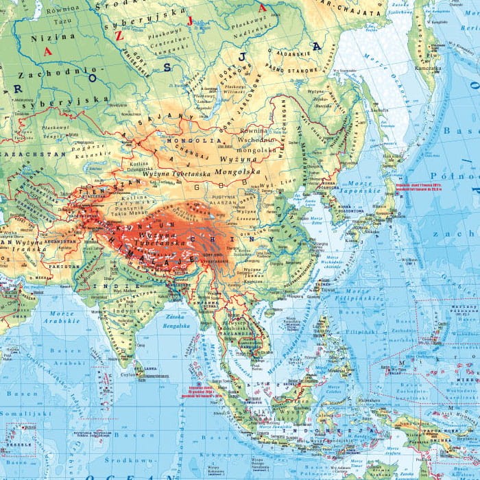 Świat. Dwustronna mapa ścienna MIDI. Fizyczna/polityczna. Strona fizyczna - fragment