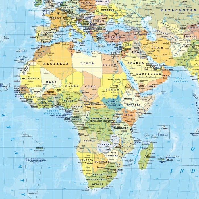 Świat. Dwustronna mapa ścienna MIDI. Fizyczna/polityczna. Strona polityczna - fragment