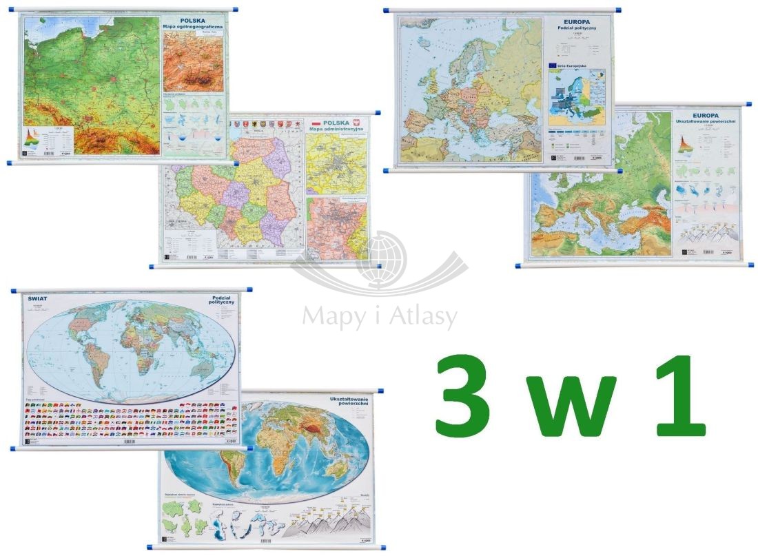 Polska, Europa, świat. Zestaw: 3 x dwustronna mapa ścienna. Polityczna / fizyczna. Art-Map