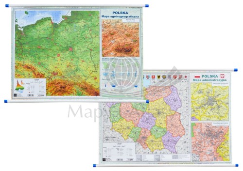 Polska. Mapa fizyczna i administracyjna. Dwustronna mapa ścienna