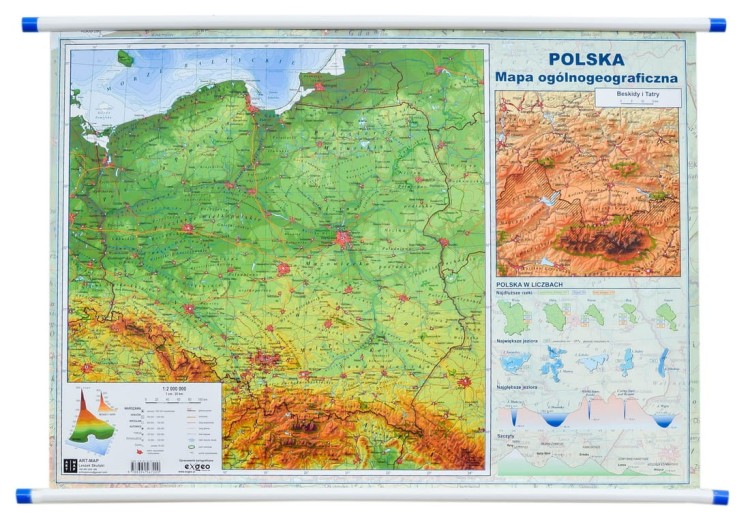 Polska. Mapa fizyczna i administracyjna. Dwustronna mapa ścienna . Strona fizyczna