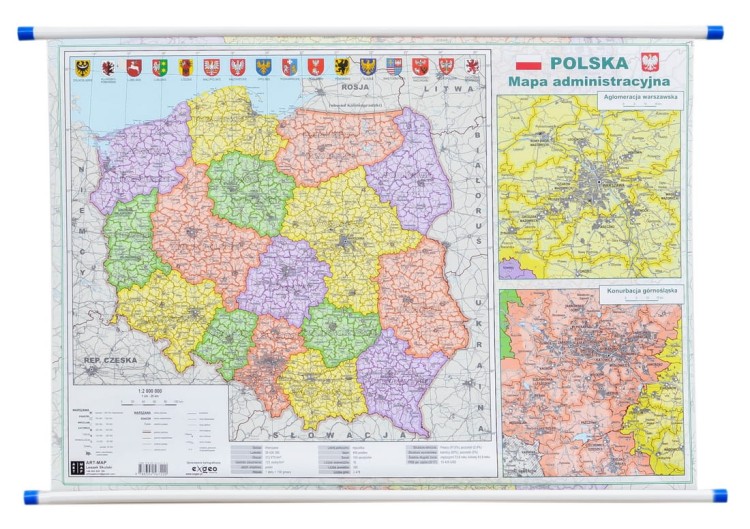Polska. Mapa fizyczna i administracyjna. Dwustronna mapa ścienna . Strona polityczna