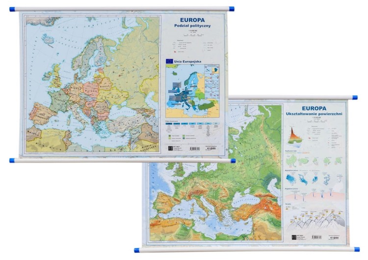 Europa. Mapa polityczna i fizyczna. Dwustronna mapa ścienna