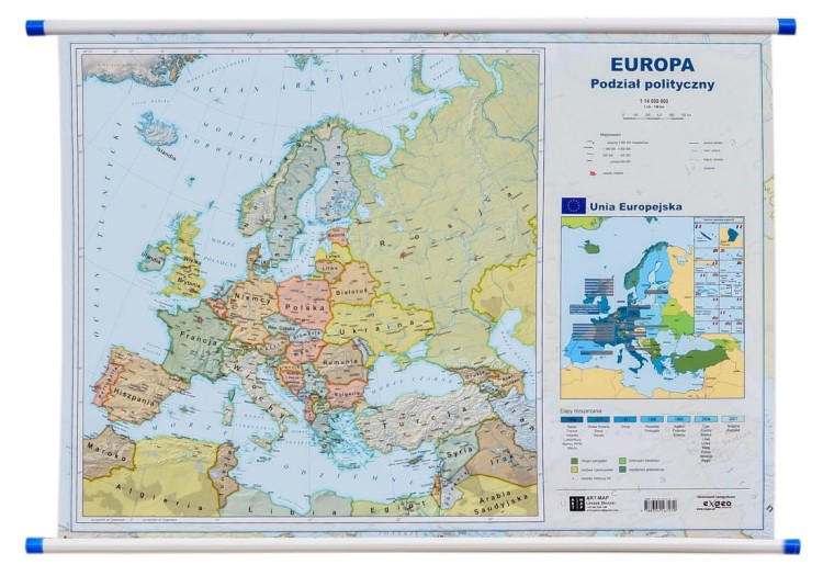 Europa. Mapa polityczna i fizyczna. Dwustronna mapa ścienna. Strona polityczna