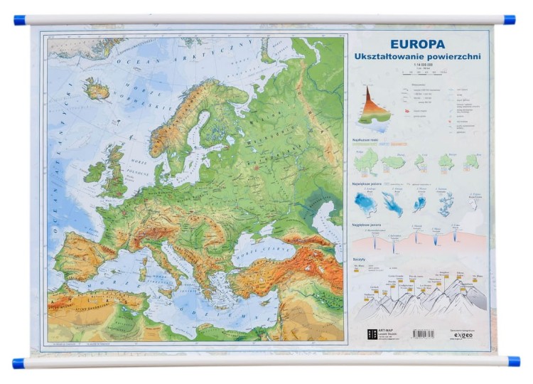 Europa. Mapa polityczna i fizyczna. Dwustronna mapa ścienna. Strona fizyczna