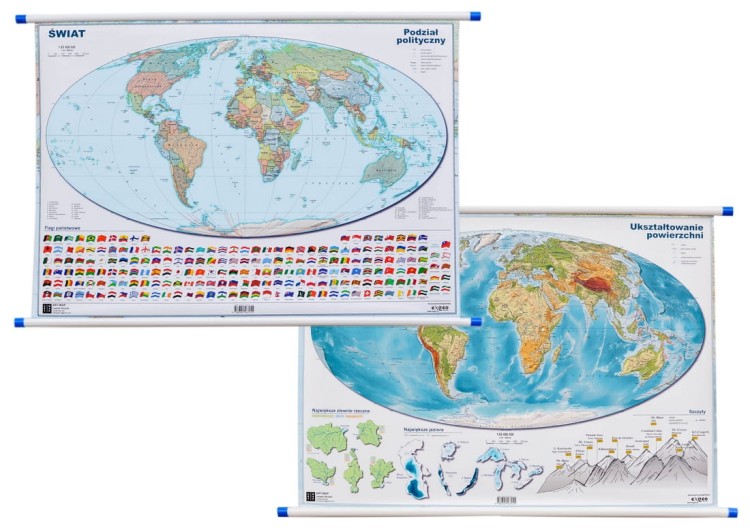 Świat. Mapa polityczna i fizyczna. Dwustronna mapa ścienna