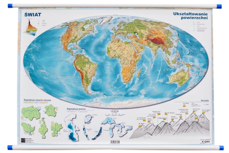Świat. Mapa polityczna i fizyczna. Dwustronna mapa ścienna. Strona fizyczna