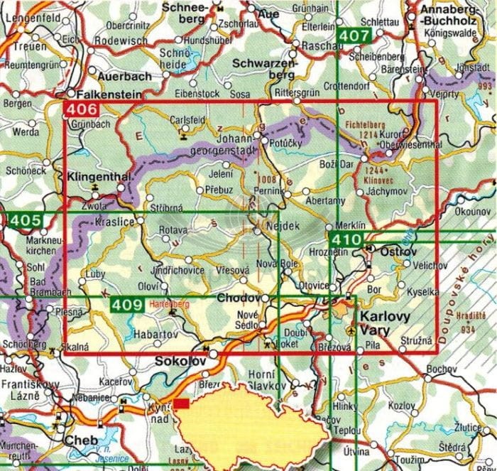 Rudawy, Góry Kruszne, Karlowe Wary / Krusne Hory - Klinovec, Jachymov / Erzgebirge. Mapa turystyczna 406 wydawnictwa Shocart. Zasięg