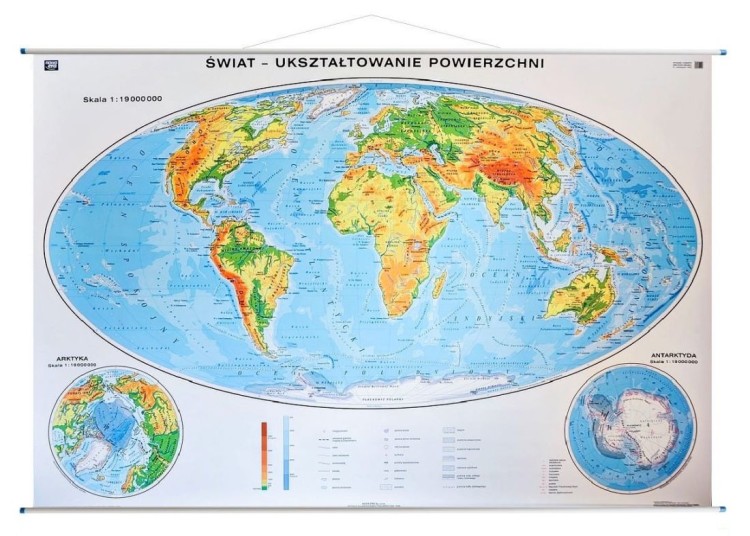Świat ukształtowanie powierzchni 1:19 000 000. Mapa ścienna ogólnogeograficzna (fizyczna) / do ćwiczeń. Strona fizyczna