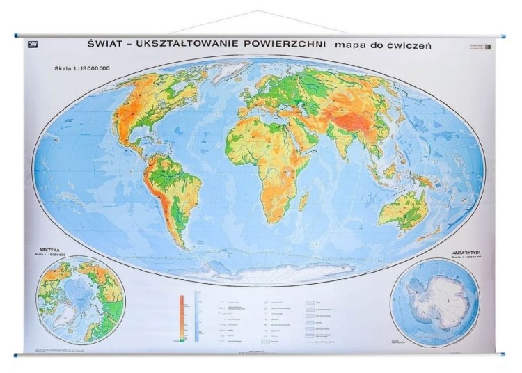 Świat ukształtowanie powierzchni 1:19 000 000. Mapa ścienna ogólnogeograficzna (fizyczna) / do ćwiczeń. Strona konturowa