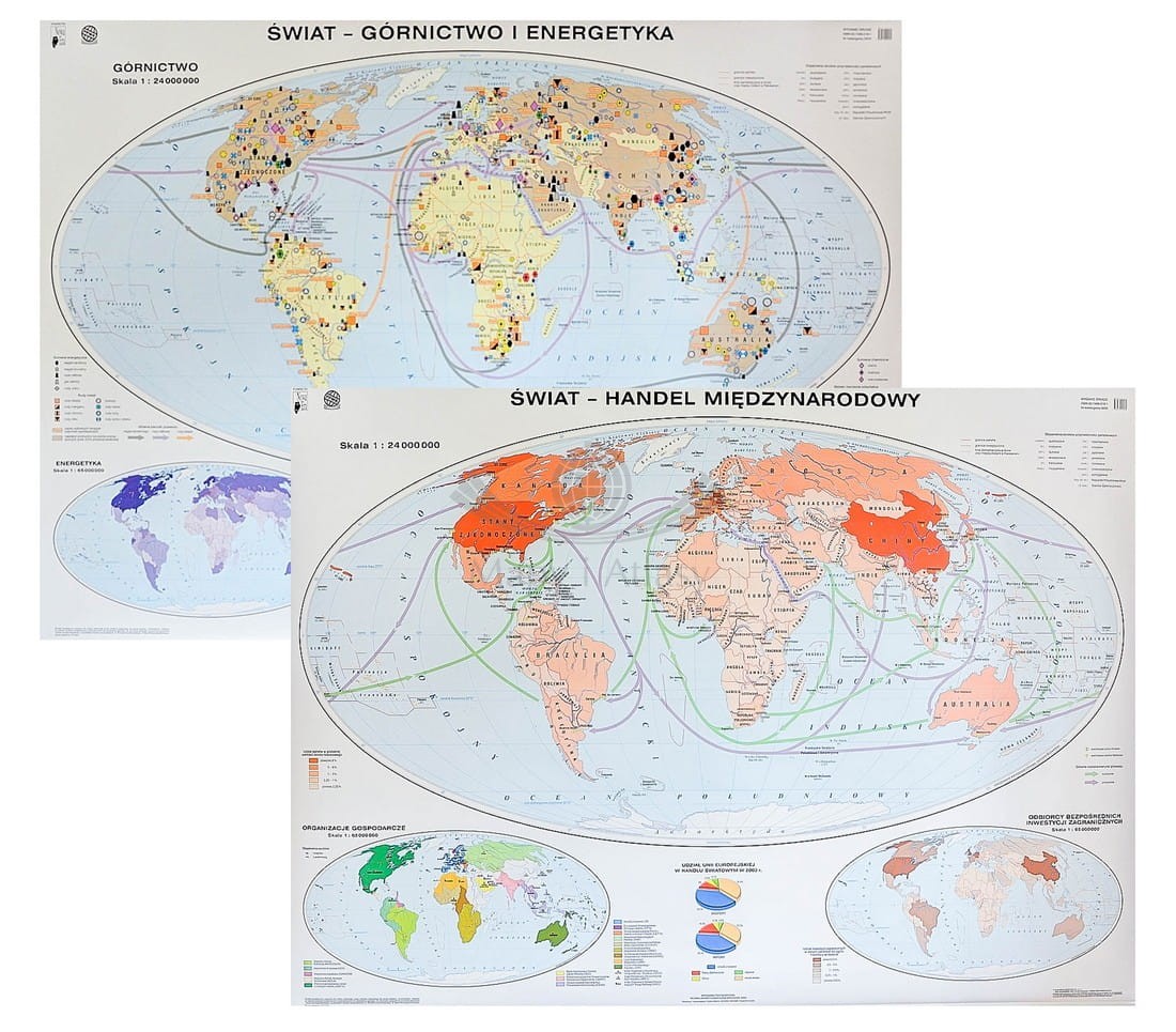 Świat. Górnictwo i energetyka / Handel międzynarodowy. Mapa ścienna