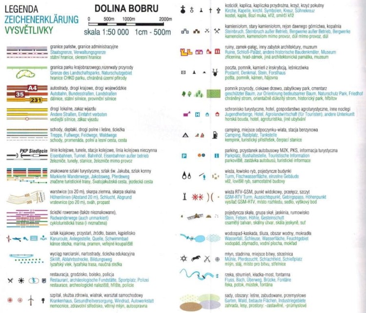 Dolina Bobru 1:50 000. Od Jeleniej Góry do Bolesławca. Laminowana mapa turystyczna wydawnictwa Galileos. Legenda