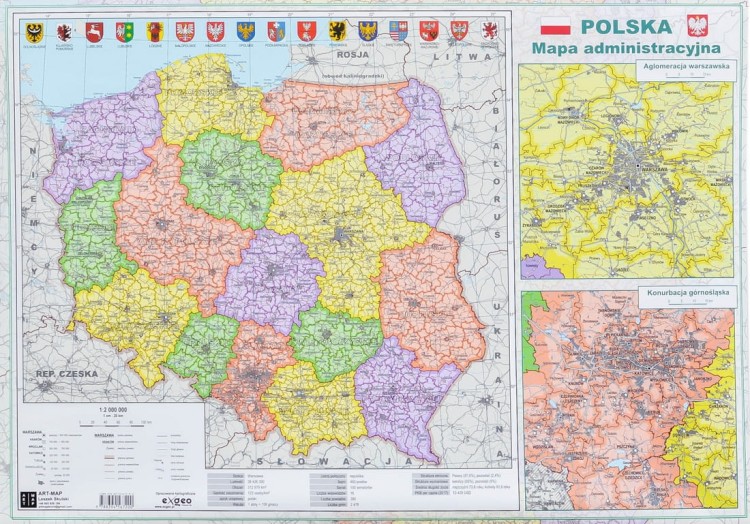 Polska. Mapa fizyczna i administracyjna. Dwustronna podkładka na biurko. Strona administracyjna