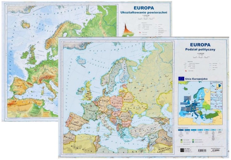 Europa. Mapa polityczna i fizyczna. Dwustronna podkładka na biurko
