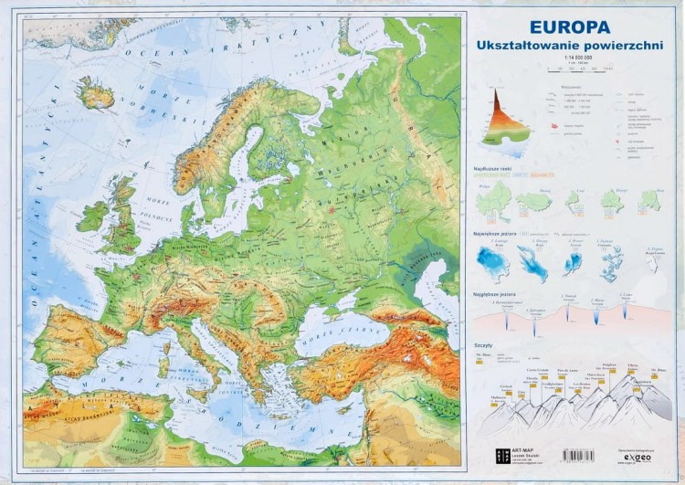 Europa. Mapa polityczna i fizyczna. Dwustronna podkładka na biurko. Strona fizyczna