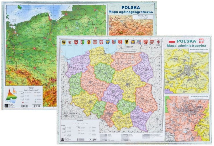 Polska. Mapa fizyczna i administracyjna. Dwustronna podkładka na biurko