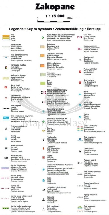 Tatrzański Park Narodowy. Zakopane, Kościelisko / Tatry Polskie. Mapa turystyczna / Plan miasta wydawnictwa Gauss. Plan miasta - legenda