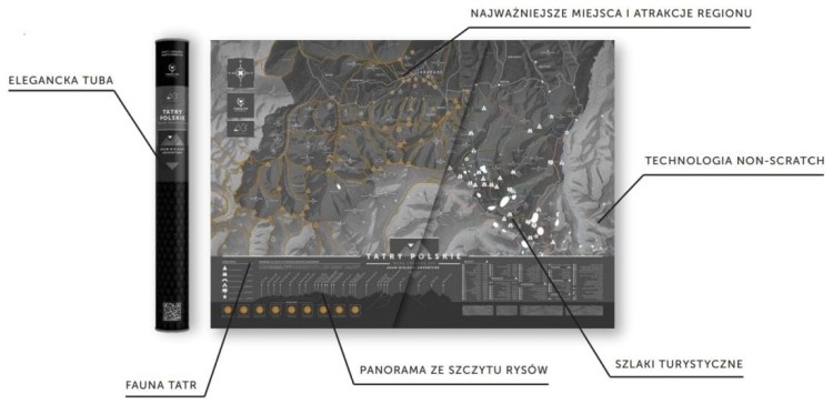 Tatry Polskie. Mapa zdrapka VIP. Wersja czarna. Opis