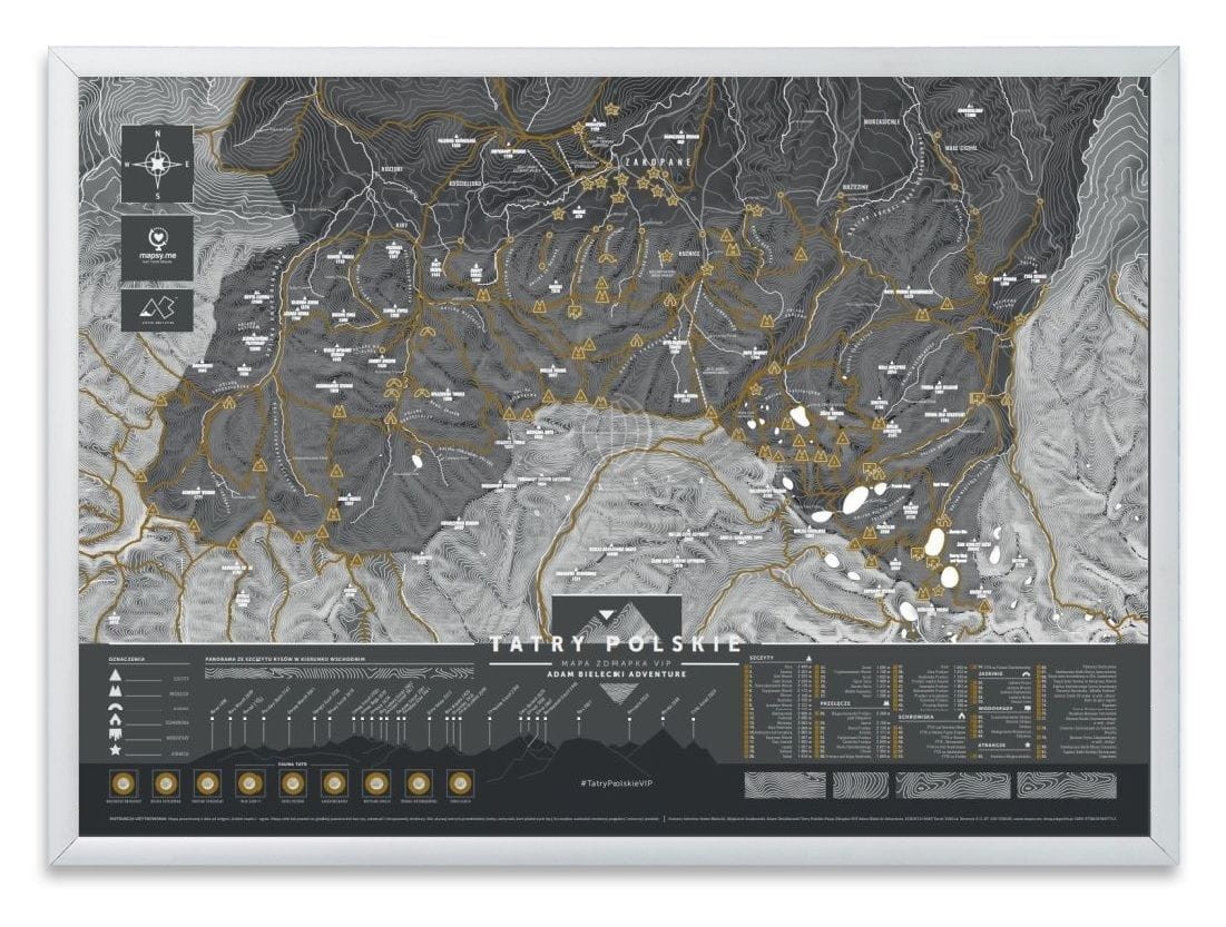 Tatry Polskie. Mapa zdrapka VIP w ramie. Wersja czarna