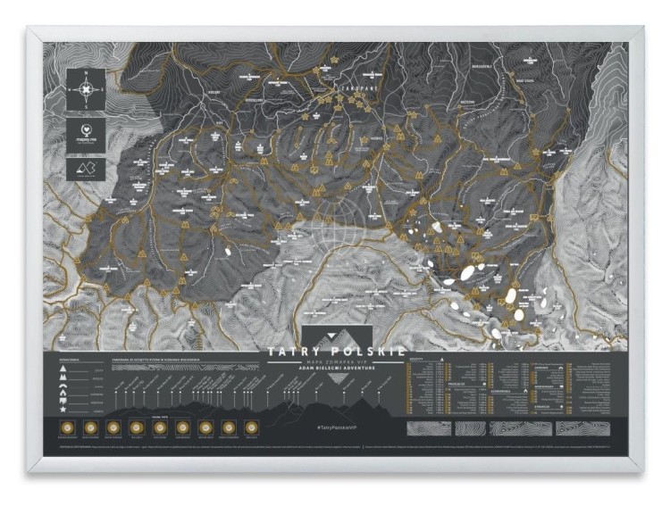 Tatry Polskie. Mapa zdrapka VIP w białej ramie drewnianej