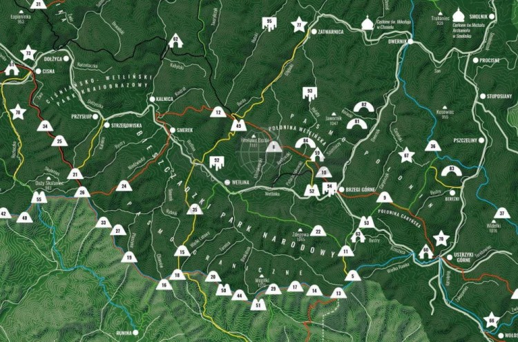 Bieszczady. Mapa zdrapka VIP. Po zdrapaniu - fragment