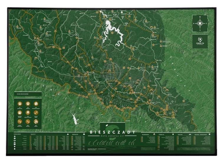Bieszczady. Mapa zdrapka VIP w czarnej ramie aluminiowej
