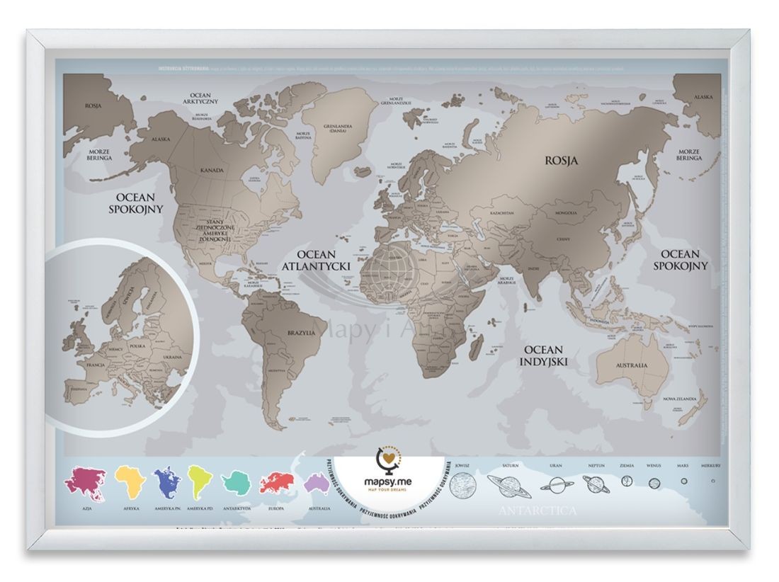 Świat + Europa. Mapa zdrapka PREMIUM w ramie