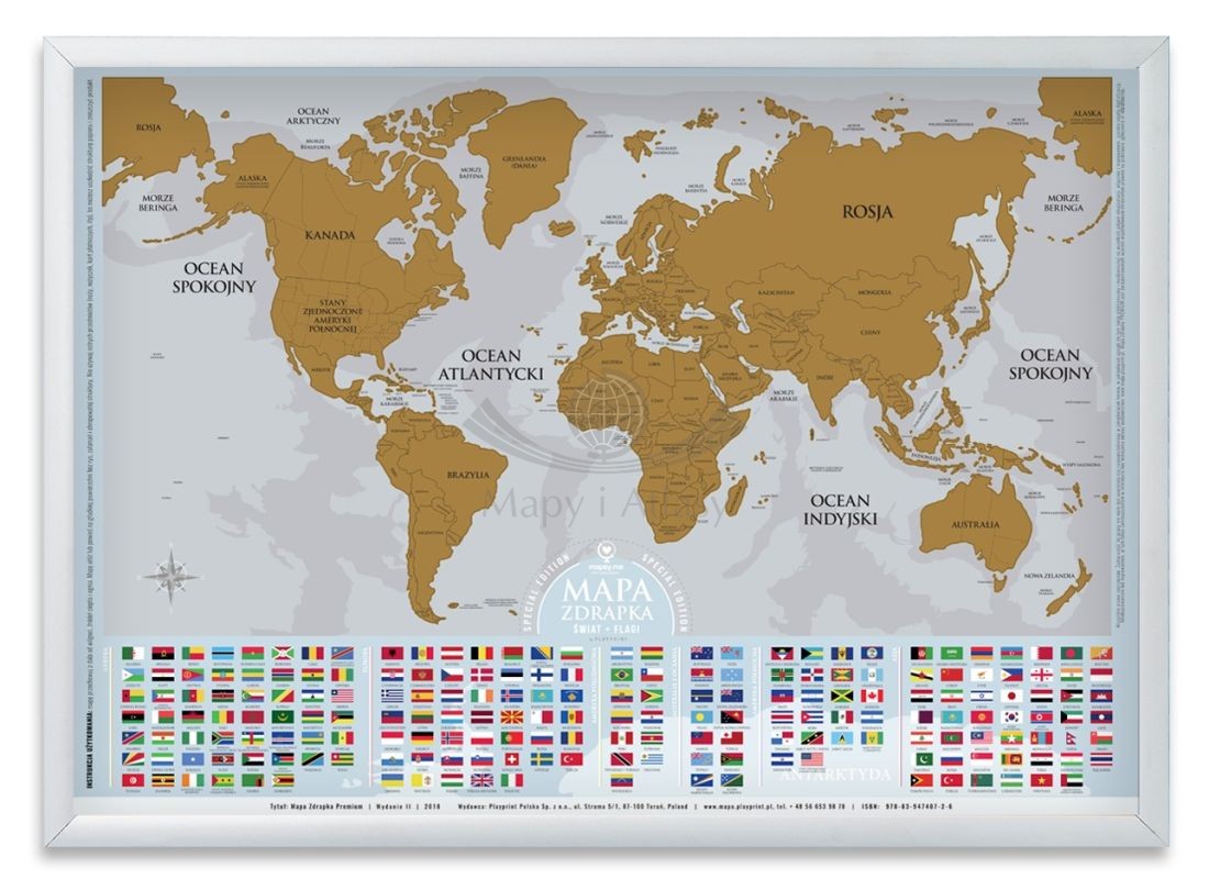 Świat. Flagi. Mapa zdrapka PREMIUM GOLD w ramie