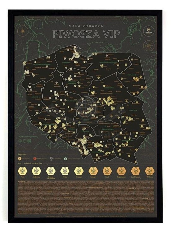 Polska. Mapa zdrapka Piwosza VIP w czarnej ramie drewnianej