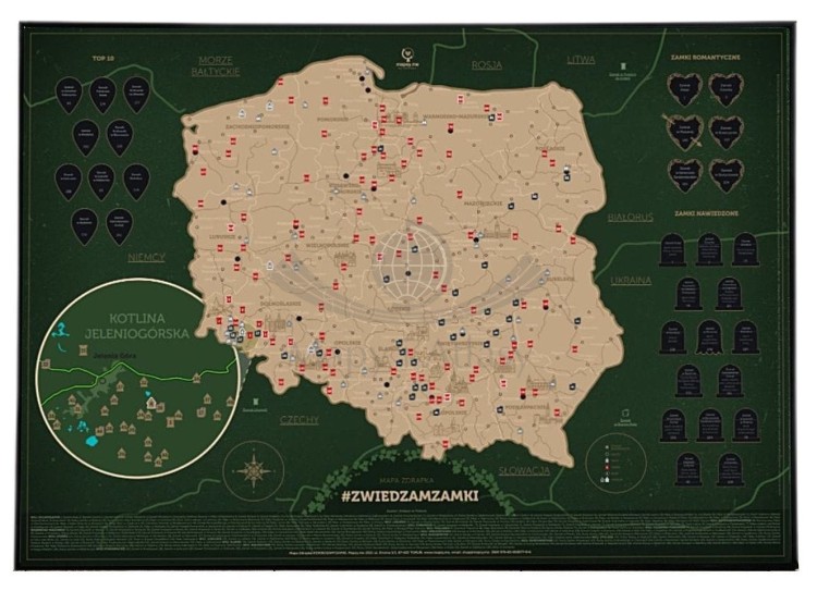 Polska. Zwiedzam zamki. Mapa zdrapka w czarnej ramie aluminiowej