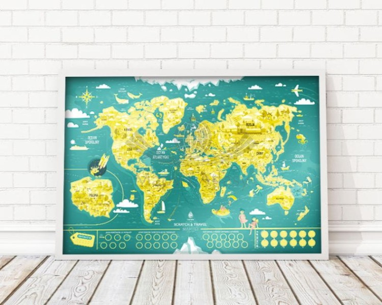 Świat. Familijna mapa zdrapka MAPITO dla dzieci. Fragment Przykład oprawy 1