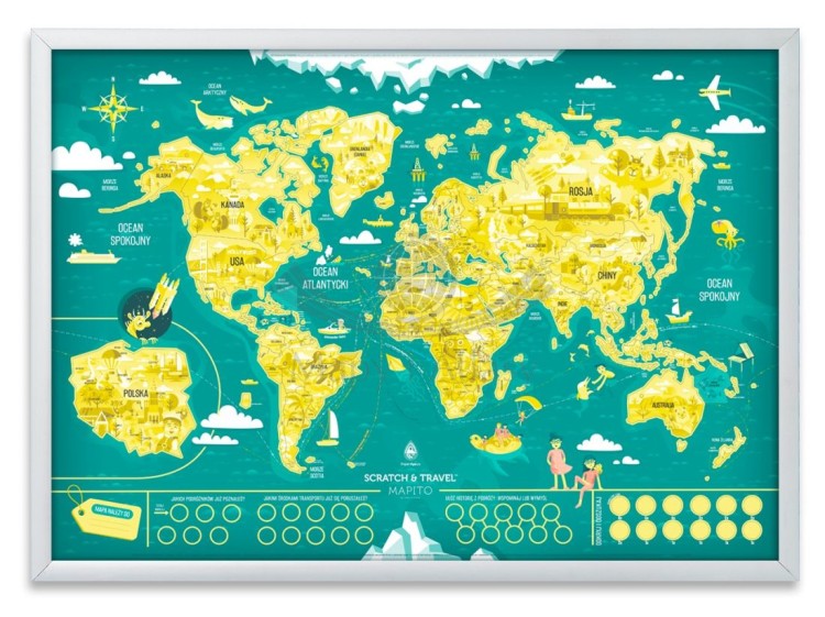 Świat. Familijna mapa zdrapka MAPITO w białej ramie drewnianej