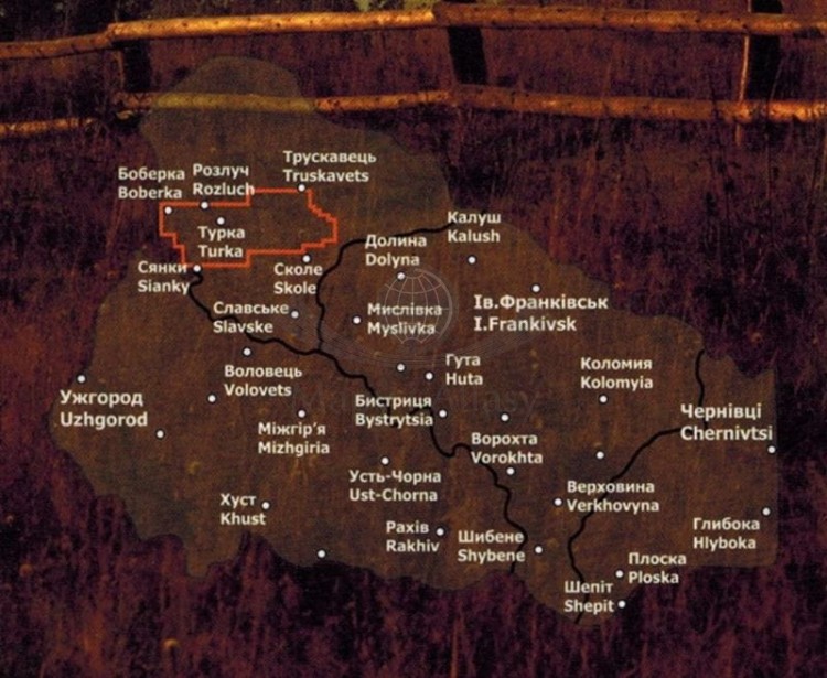 Beskidy Górnodniestrzańskie. Laminowana mapa turystyczna wydawnictwa ASSA. Zasięg