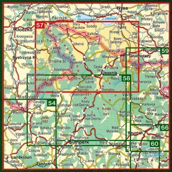 Jesioniki, Góry Rychlebskie / Jeseniky, Rychlebske Hory. Mapa turystyczna 57 wydawnictwa Shocart. Zasięg
