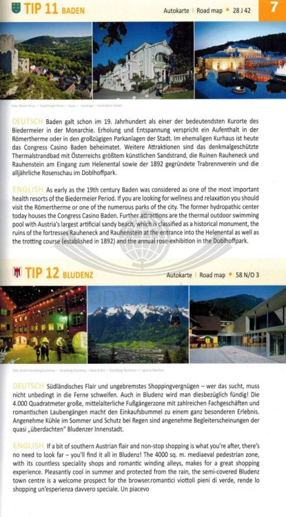 Austria 1:150 000. Atlas samochodowy wydawnictwa Freytag & Berndt. Rozdział ,,100 miejsc wypoczynku wartych zobaczenia" - przykładowa strona