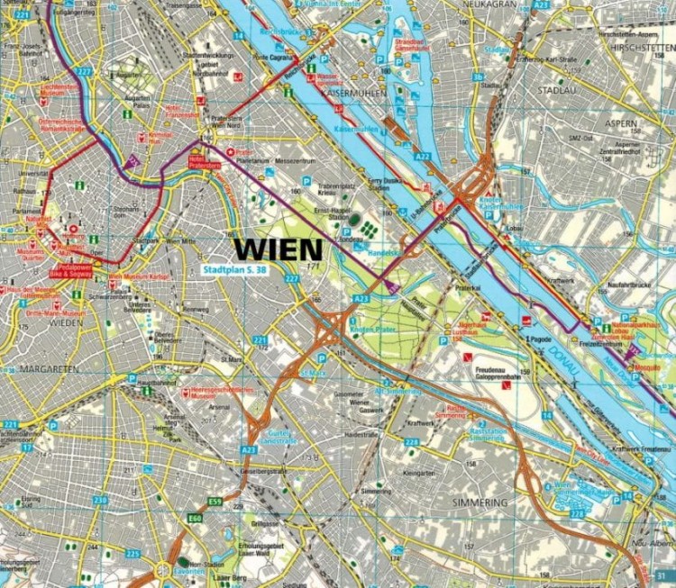 Donauradweg 2. Passau-Wiedeń-Bratysława. Laminowana mapa rowerowa 7004 wydawnictwa Kompass. Fragment 2