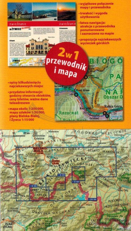 Beskid Żywiecki 2 w 1. Laminowana mapa turystyczna + Miniprzewodnik wydawnictwa ExpressMap. Opis + zasięg