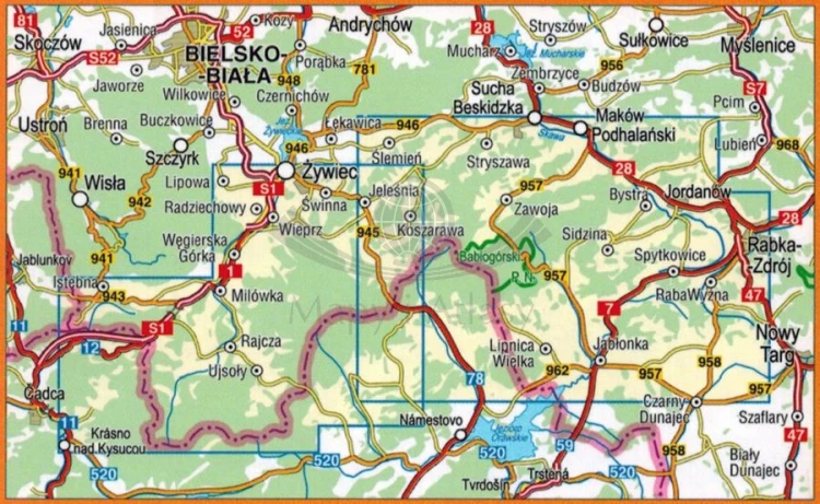 Beskid Żywiecki 1:50 000. Mapa laminowana wydawnictwa Compass. Zasięg