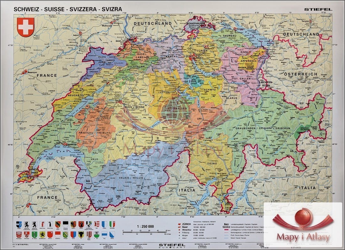 Szwajcaria. Mapa ścienna polityczna. Drewniane półwałki. Stiefel
